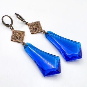Cobalt Blue Faceted Acrylic & Brass Dangle Earrings-Nicki Lynn Jewelry